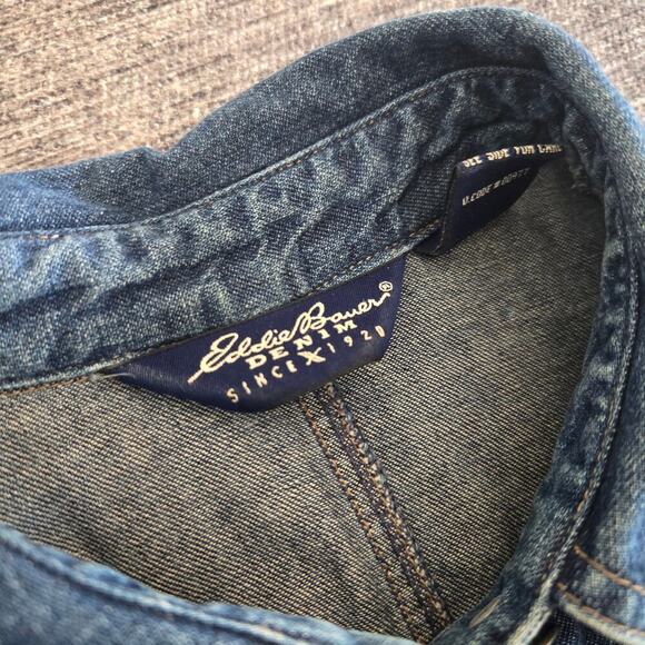 Vintage Eddie Bauer Denim Long Sleeve Tie Waist Blue Button Down Jean Dress - Picture 2 of 11